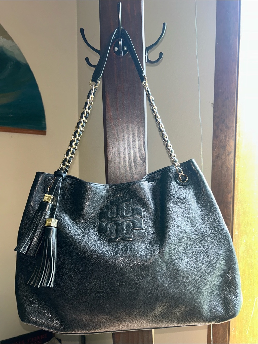 Tory Burch Black Leather Shoulder Bag with Tassel and Chain Strap